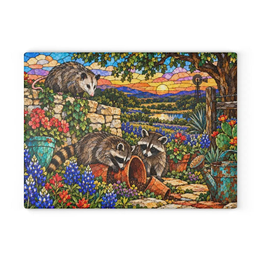 Mischief Opossum Glass Cutting Board, Texas Wildlife Kitchen Decor, Bluebonnet Possum Art, Funny Country Kitchen Gift, Texas Gift