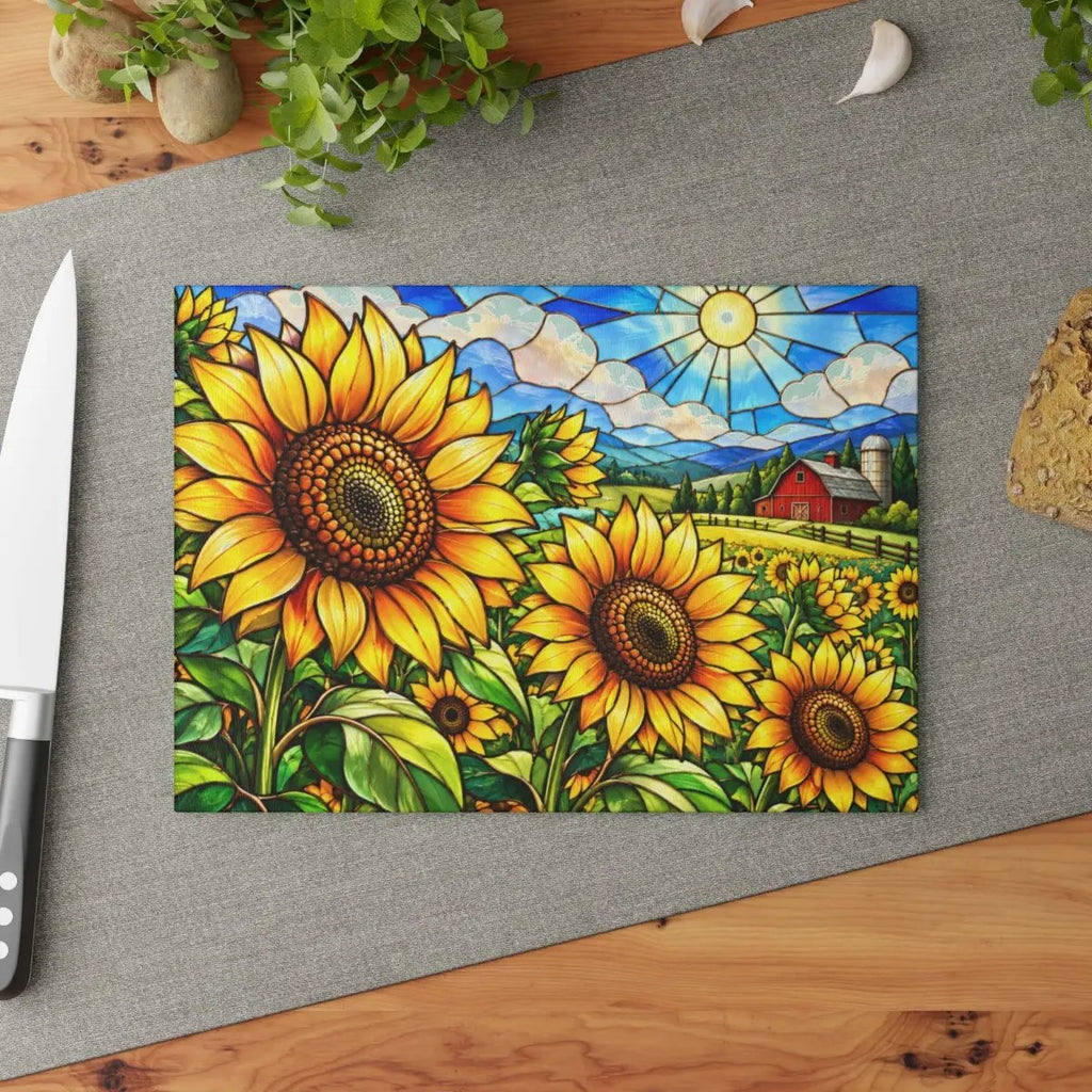 Sunflower Glass Cutting Board, Farmhouse Kitchen Decor, Country Sunflower Chopping Board, Stained Glass Floral Gift, Housewarming Gift
