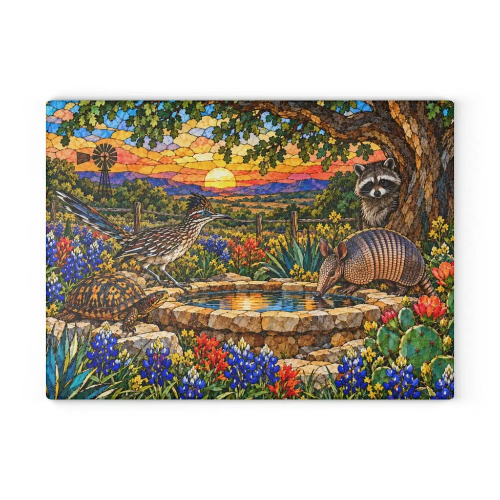 Texas Wildlife Glass Cutting Board, Roadrunner Armadillo Raccoon Bluebonnet Kitchen Decor, Waterhole Texas Gift, Colorful Southwest Art
