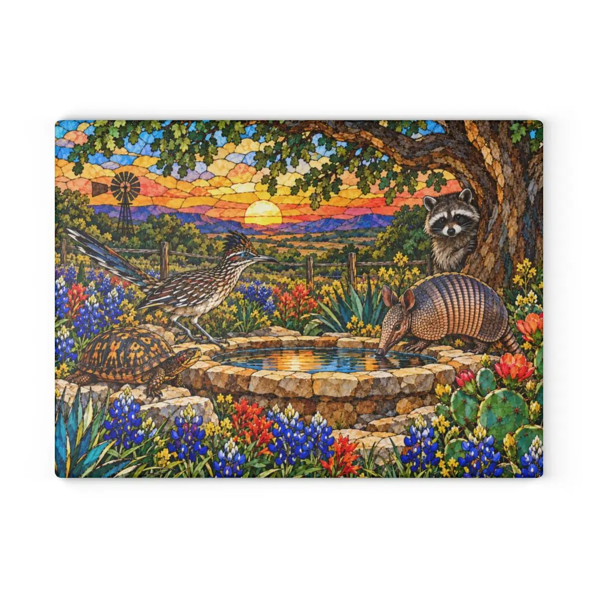 Texas Wildlife Glass Cutting Board, Roadrunner Armadillo Raccoon Bluebonnet Kitchen Decor, Waterhole Texas Gift, Colorful Southwest Art