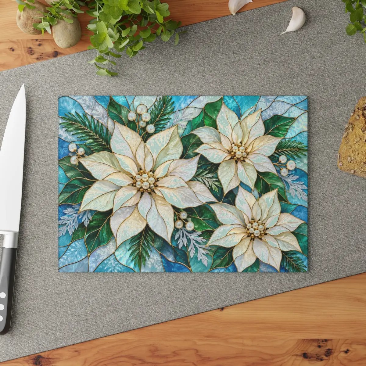Winter Poinsettia Glass Cutting Board, Holiday Kitchen Decor, Floral Serving Board, Christmas Hostess Gift, Seasonal Home Accent Gift