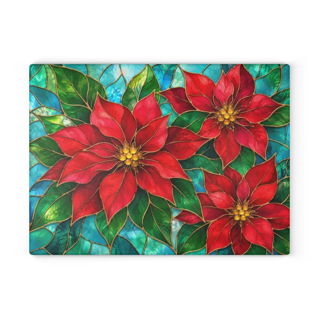 Christmas Poinsettia Glass Cutting Board, Red Floral Kitchen Decor, Tempered Chopping Board, Holiday Cooking Gift for Flower Lovers