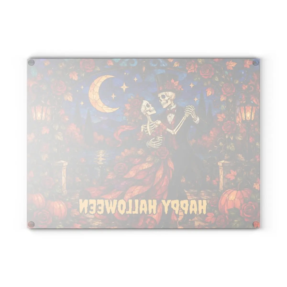 Halloween Skeleton Dancing Couple Personalized Glass Cutting Board, Gothic Romance Kitchen Decor