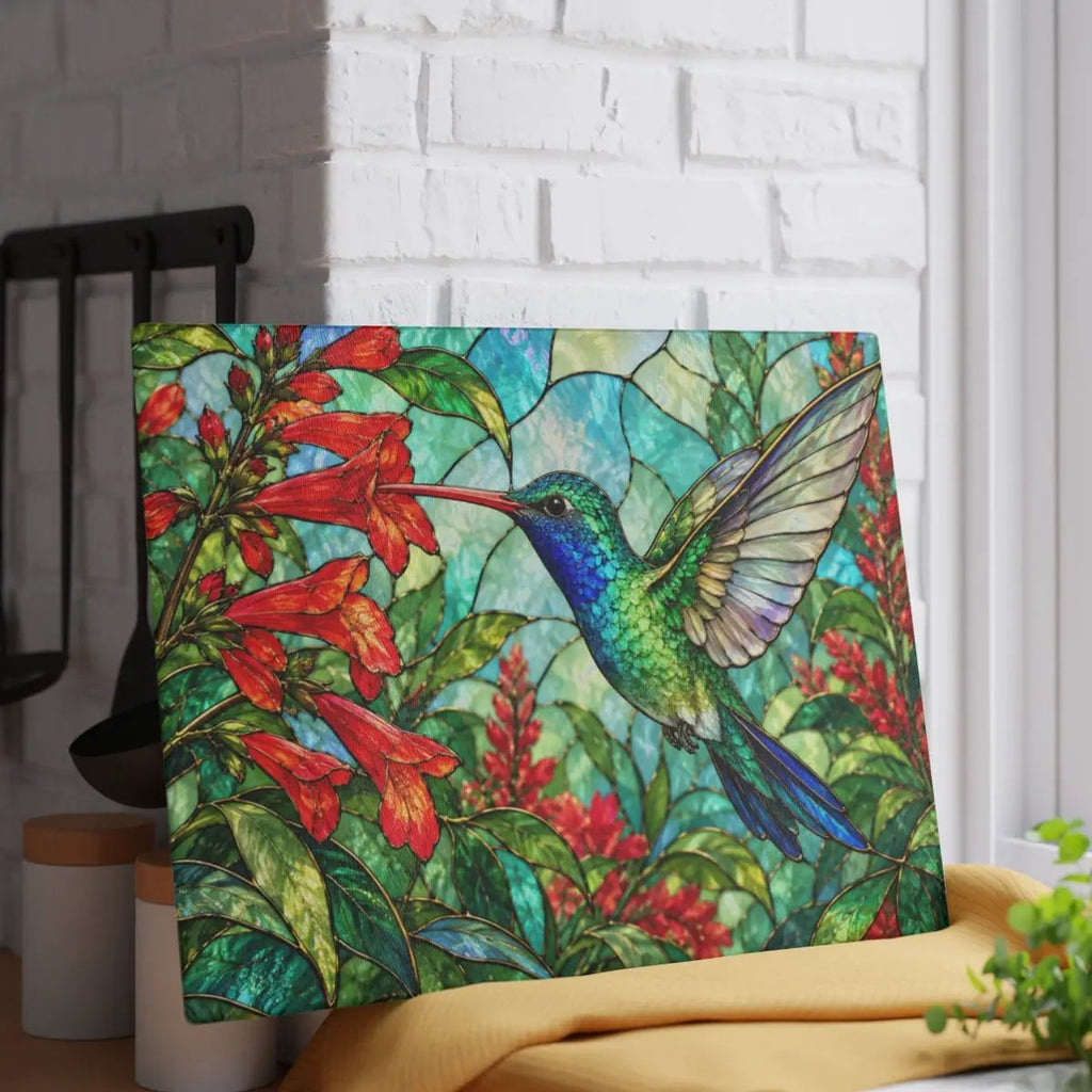 Hummingbird Cutting Board, Stained Glass Hummingbird Decor, Red Flower Kitchen Decor, Bird Lover Gift, Nature Inspired Gift