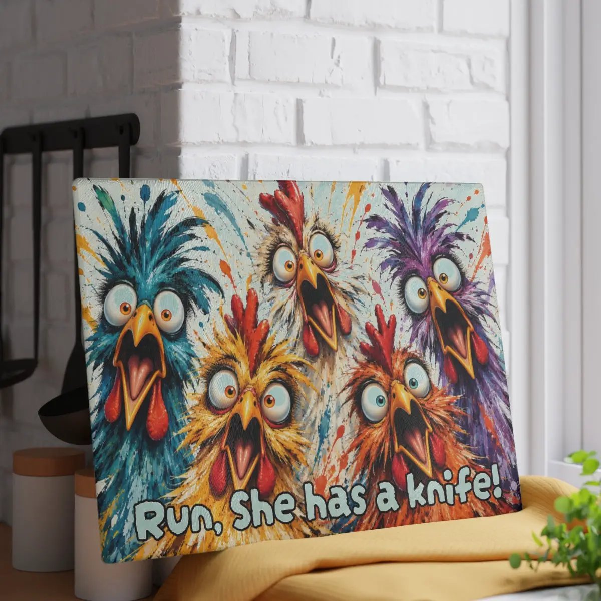 Screaming Chicken Flock Cutting Board, Funny Chicken Kitchen Decor, Colorful Hen Lover Gift, Farmhouse Chicken Gift