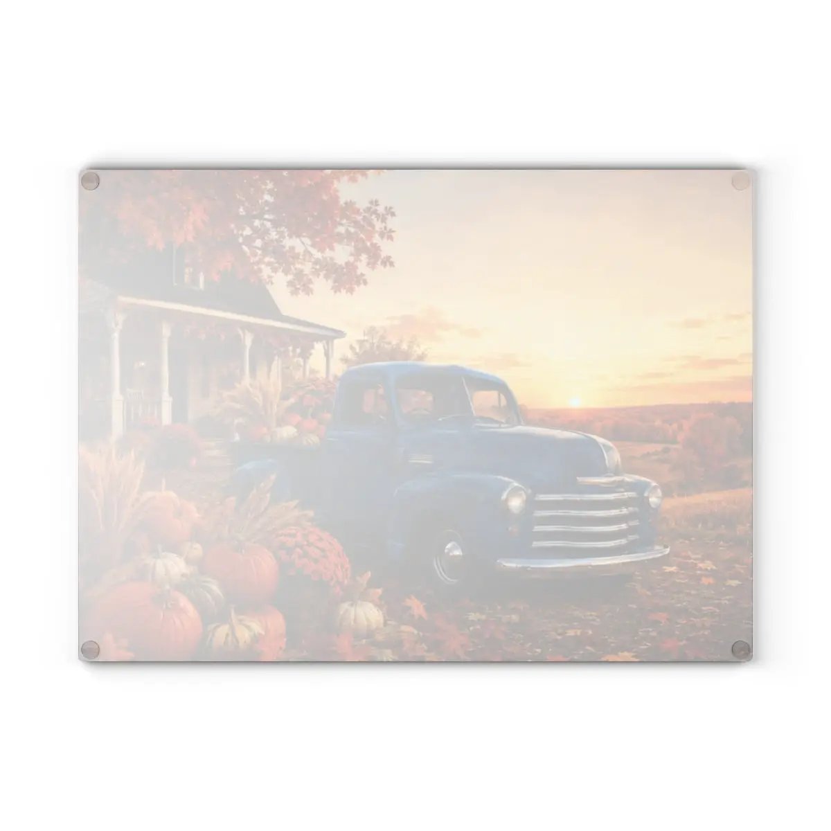 Fall Glass Cutting Board, Blue Vintage Truck with Pumpkins, Autumn Farmhouse Kitchen Decor, Harvest Thanksgiving Gift