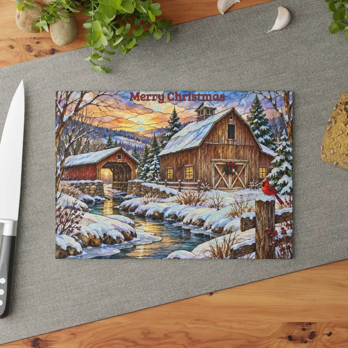 Cardinal Creek Winter Barn Glass Cutting Board, Red Cardinal Farmhouse Kitchen Decor, Country Christmas Gift