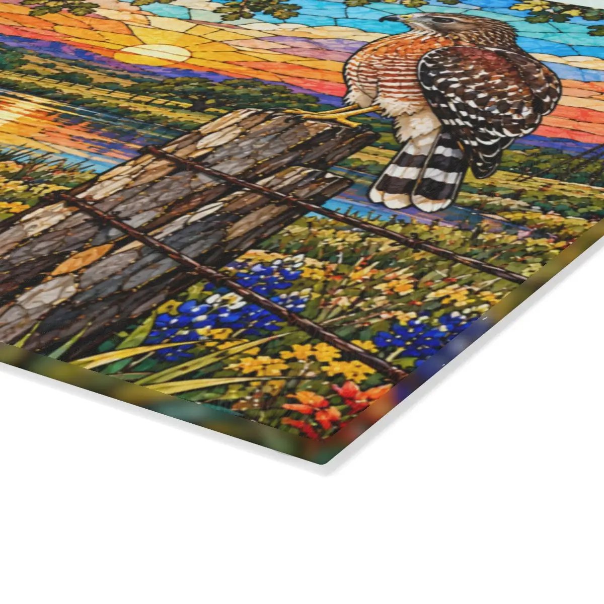 Red Shouldered Hawk Glass Cutting Board, Texas Wildlife Kitchen Decor, Bluebonnet Hawk Art, Bird Lover Gift, Rustic Texas Gift