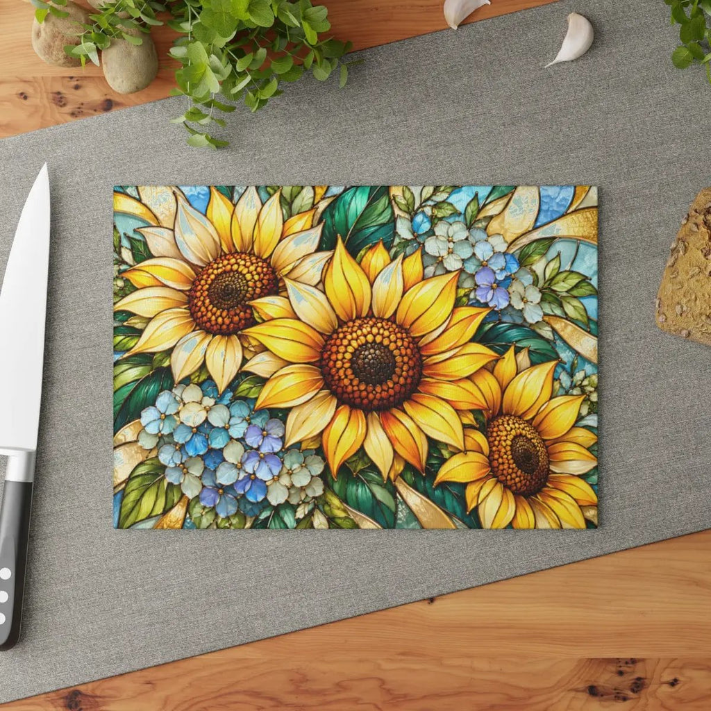 Sunflower Glass Cutting Board, Blue Hydrangea Kitchen Decor, Yellow Floral Cutting Board, Flower Lover Gift, Stained Glass Kitchen Art