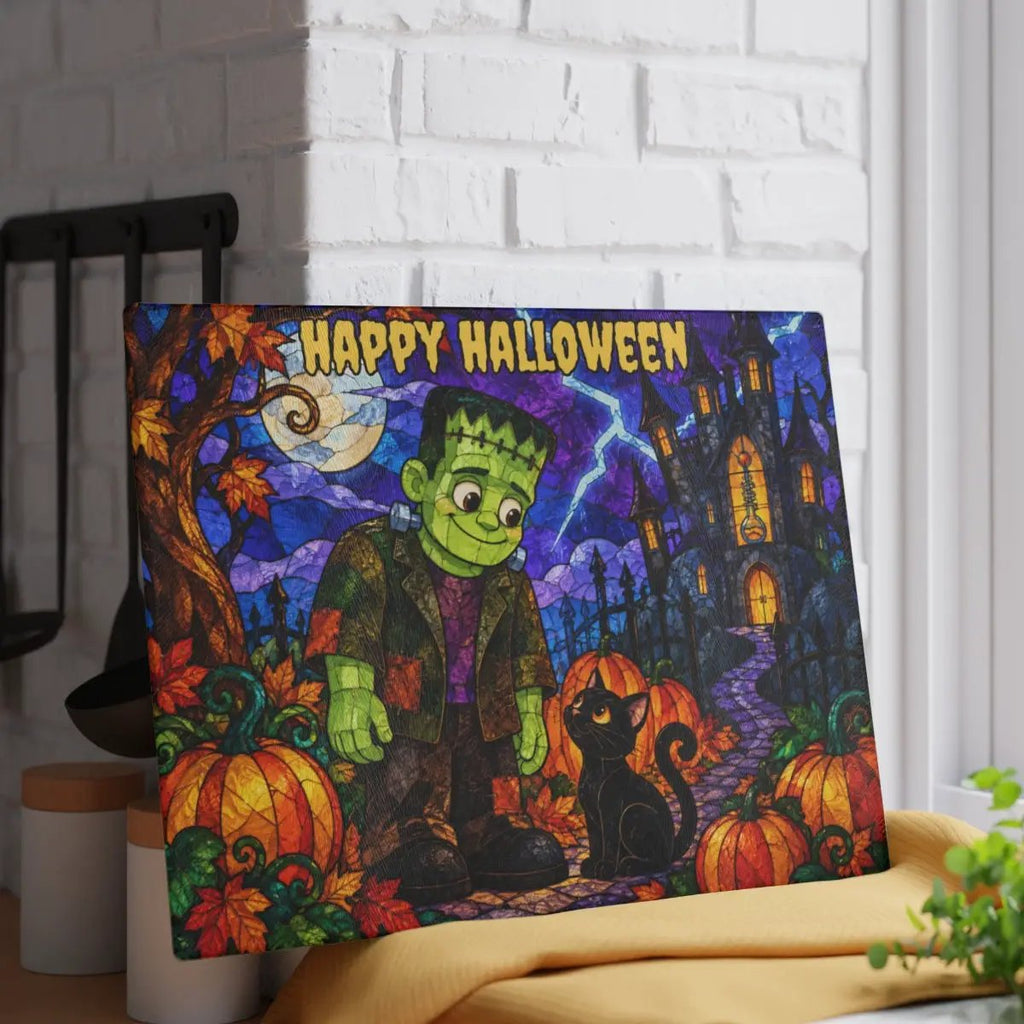 Halloween Monster Personalized Glass Cutting Board, Frankenstein Inspired Kitchen Decor