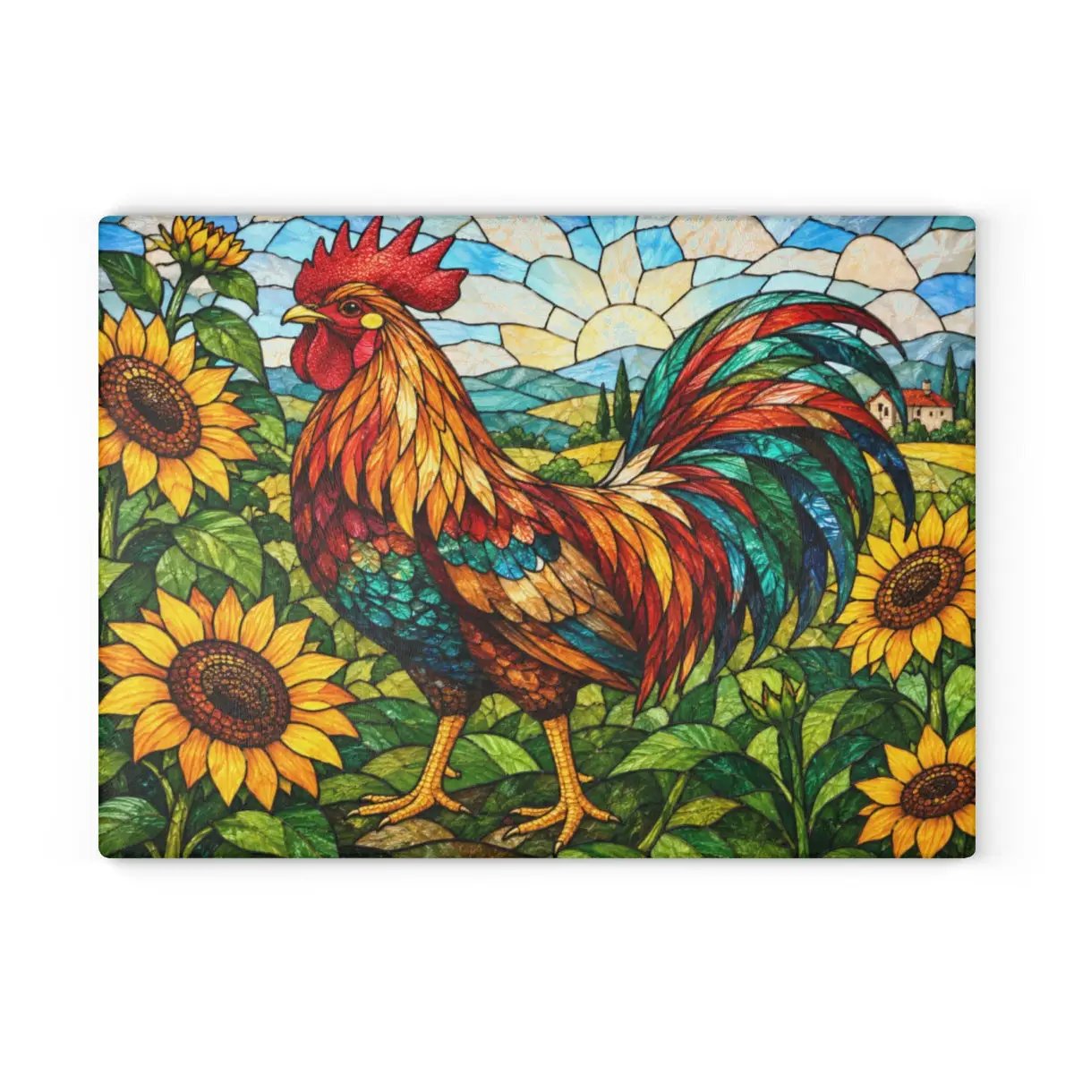 Rooster Glass Cutting Board, Sunflower Kitchen Decor, Colorful Farmhouse Rooster Art, Country Kitchen Gift, Stained Glass Farm Decor