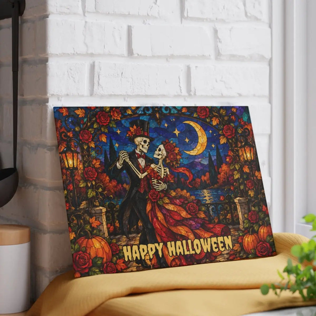 Halloween Skeleton Dancing Couple Personalized Glass Cutting Board, Gothic Romance Kitchen Decor