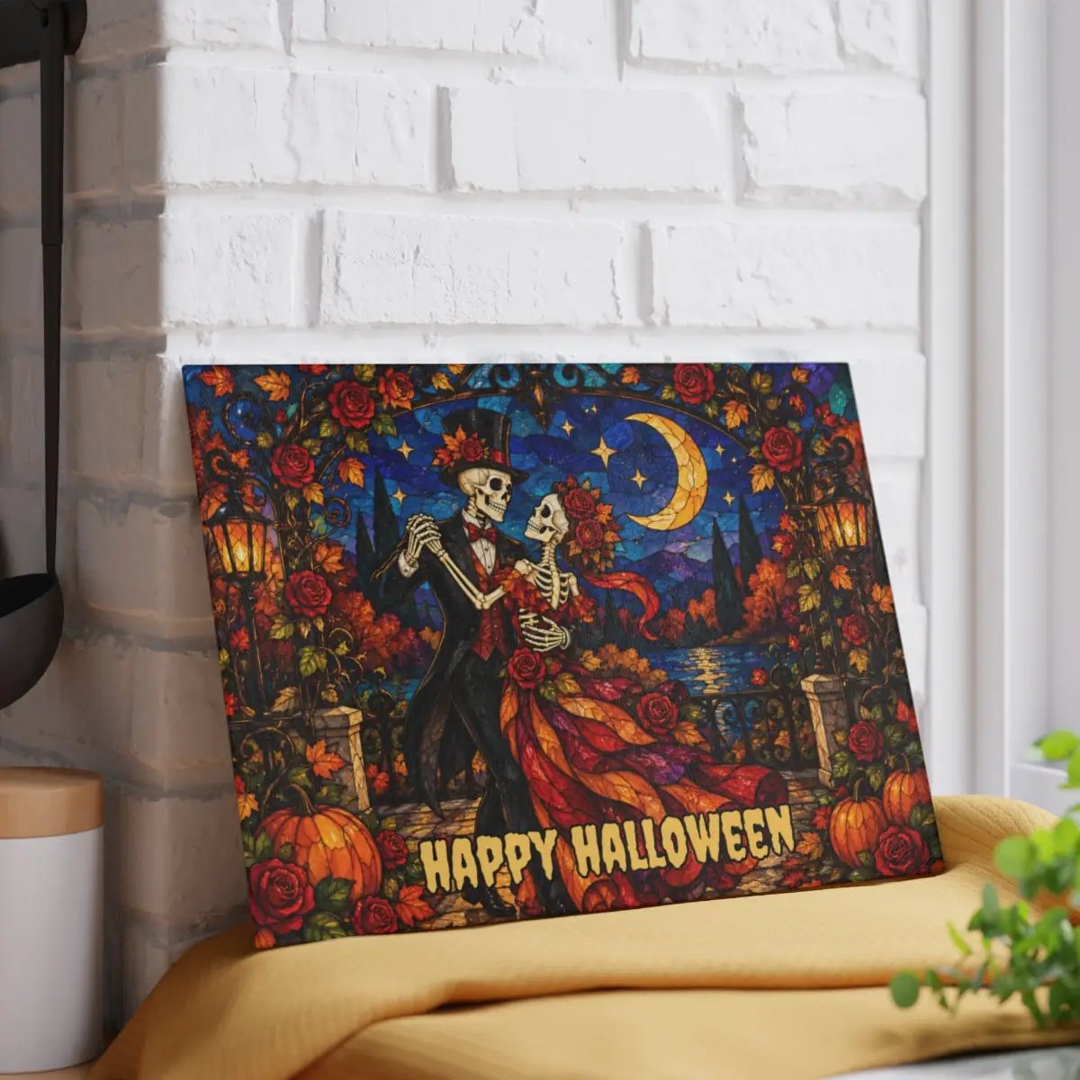 Halloween Skeleton Dancing Couple Personalized Glass Cutting Board, Gothic Romance Kitchen Decor