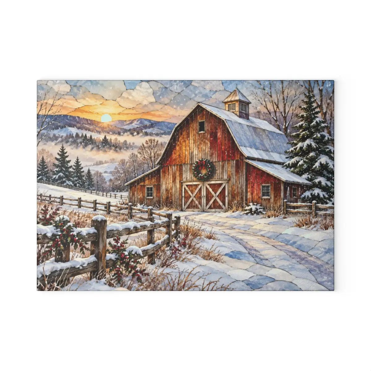 Personalized Winter Barn Cutting Board, Country Farmhouse Kitchen Decor, Stained Glass Farm Scene, Rustic Christmas Gift, Custom Family Gift