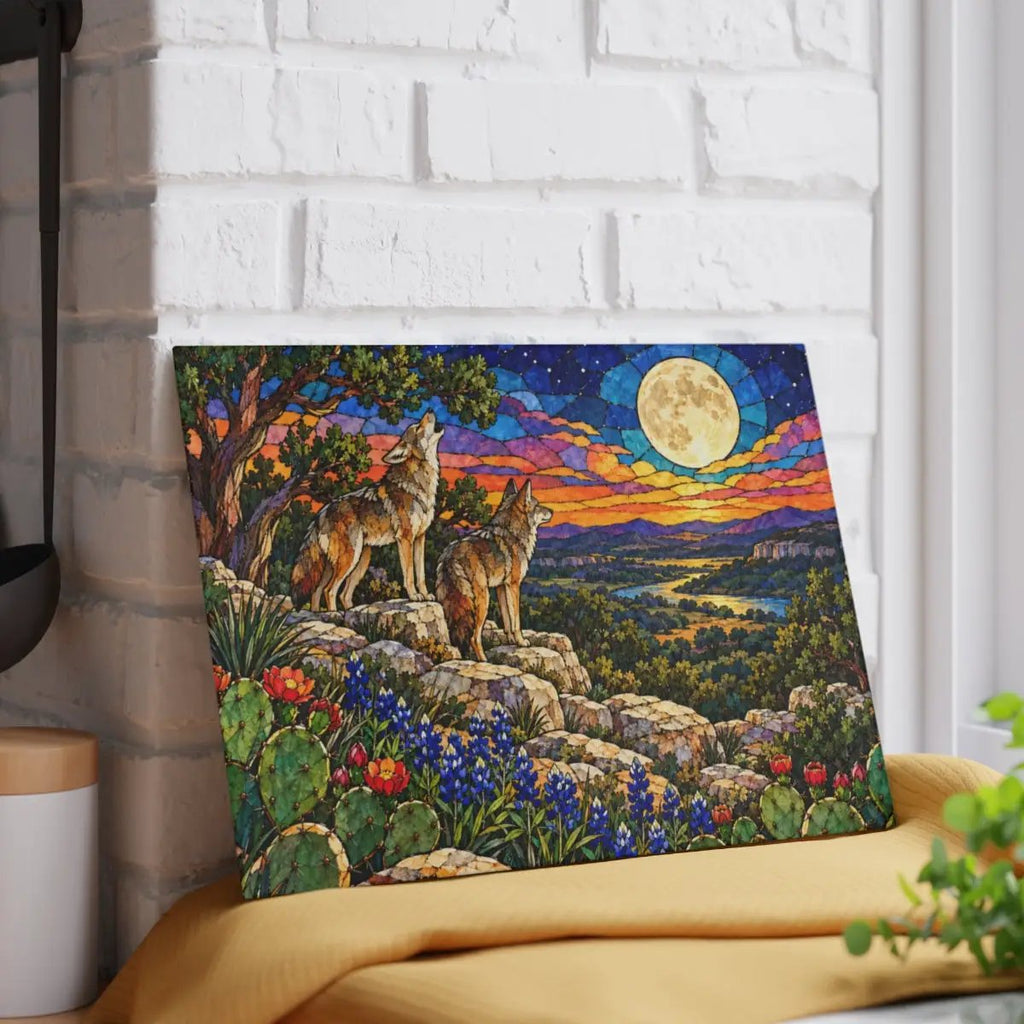 Texas Coyote Glass Cutting Board, Call of the Wild Moonlight Decor, Bluebonnet Kitchen Art, Western Wildlife Gift, Texas Kitchen Decor