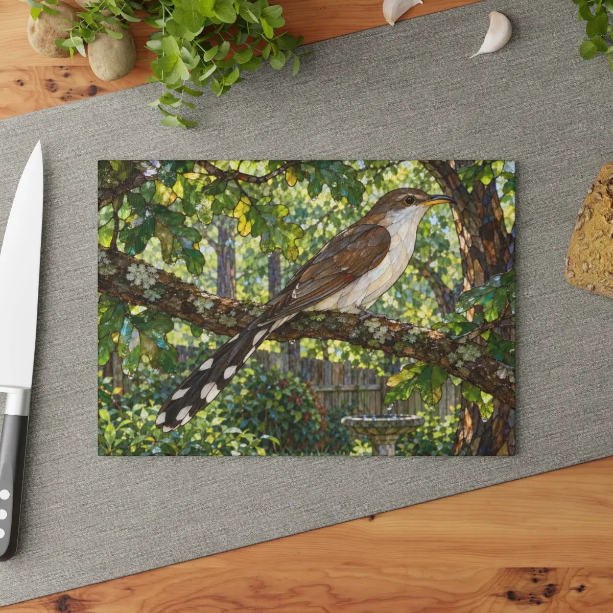 Yellow Billed Cuckoo Glass Cutting Board, Backyard Bird Kitchen Decor, Birdwatcher Gift, Bird Lover Gift, Woodland Serving Board