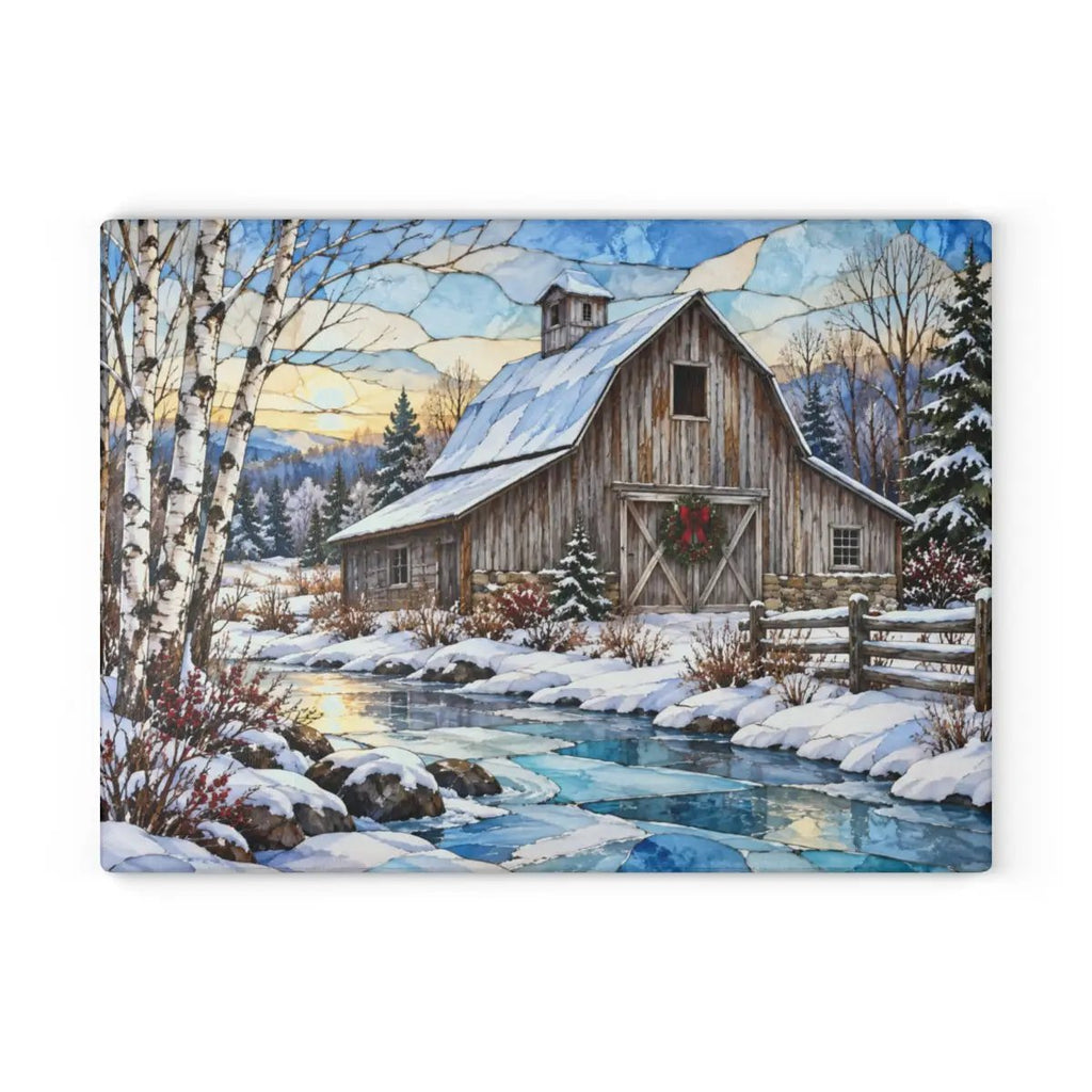 Personalized Winter Barn Cutting Board, Country Farmhouse Kitchen Decor, Stained Glass Farm Scene, Rustic Christmas Gift, Custom Family Gift
