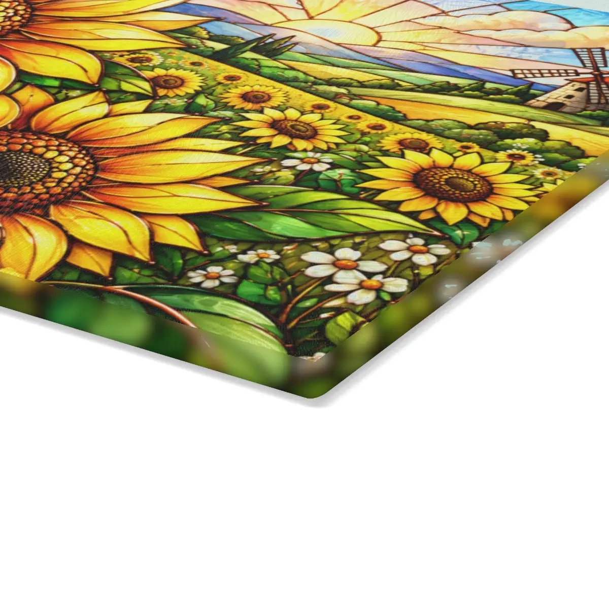Sunflower Glass Cutting Board, Windmill Kitchen Decor, Sunflower Meadow Cutting Board, Country Floral Gift, Stained Glass Kitchen Art