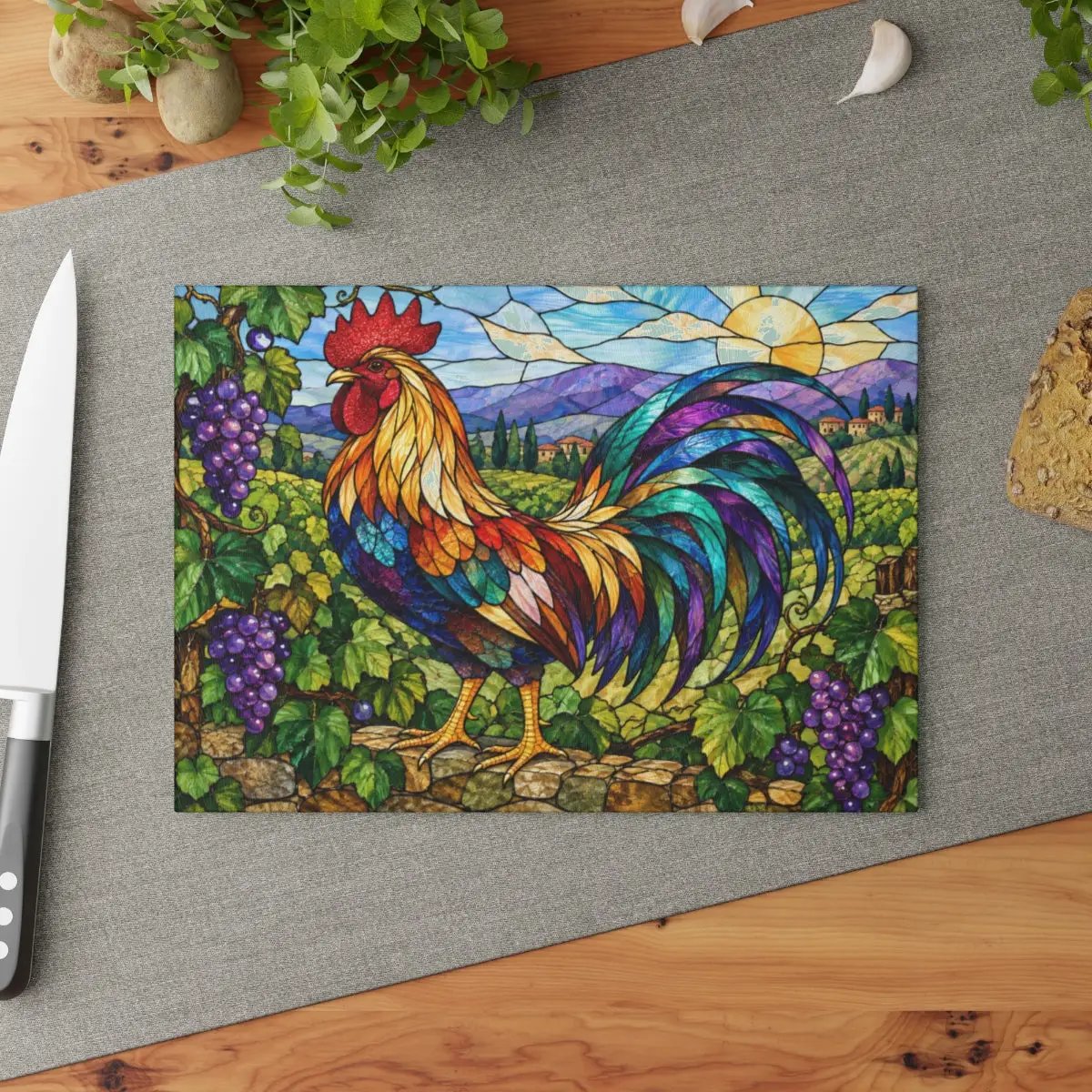 Rooster Glass Cutting Board, Vineyard Kitchen Decor, Colorful Stained Glass Rooster, Tuscan Country Kitchen Gift, Grape Vine Decor