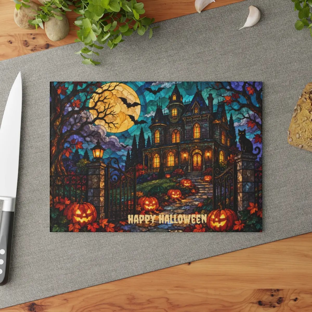 Halloween Haunted Mansion Personalized Glass Cutting Board, Spooky Pumpkin Kitchen Decor