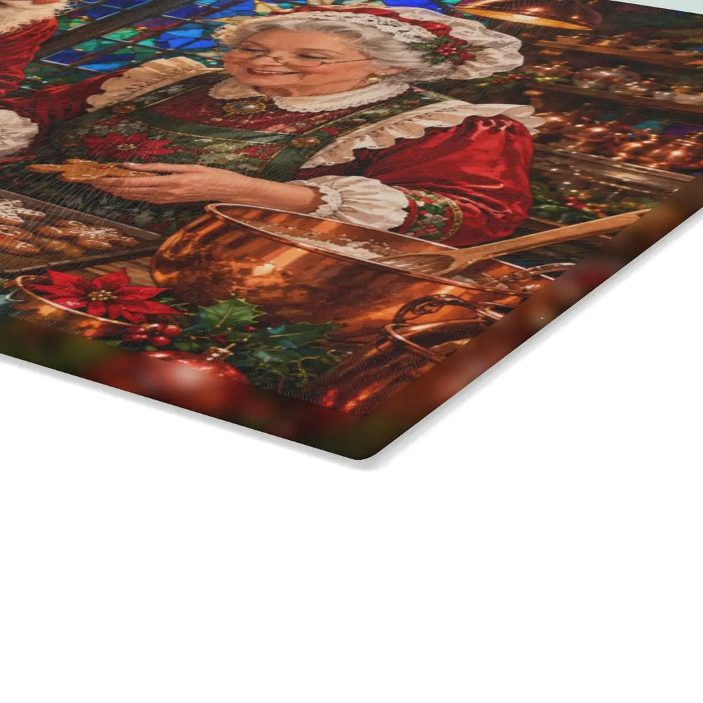 Santa and Mrs Claus Glass Cutting Board, Christmas Baking Decor, Gingerbread Kitchen Decor, Stained Glass Christmas Gift, Holiday Board