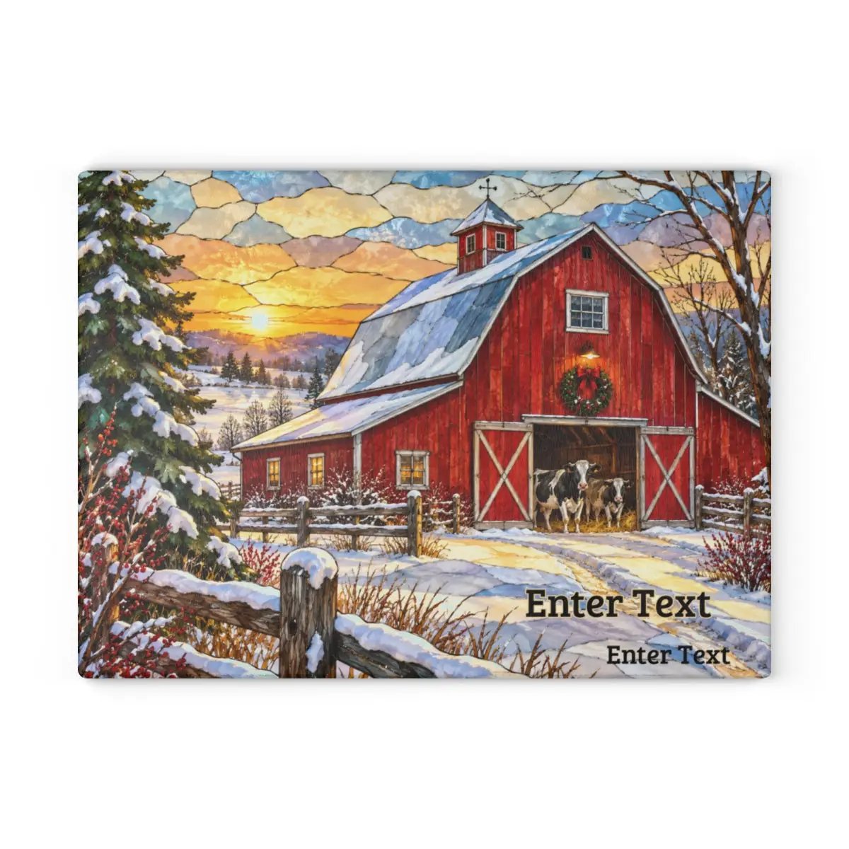 Christmas Red Barn Glass Cutting Board, Winter Farmhouse Decor, Cow Christmas Gift, Country Kitchen Decor, Farmhouse Holiday Gift