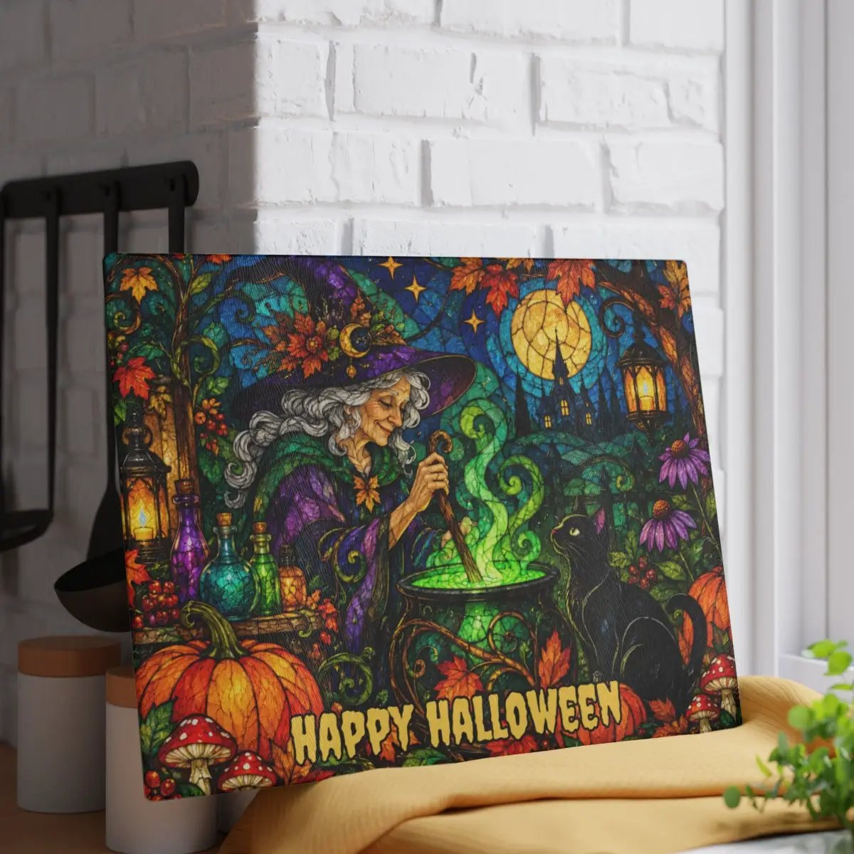 Halloween Witch Cauldron Personalized Glass Cutting Board, Spooky Black Cat Kitchen Decor