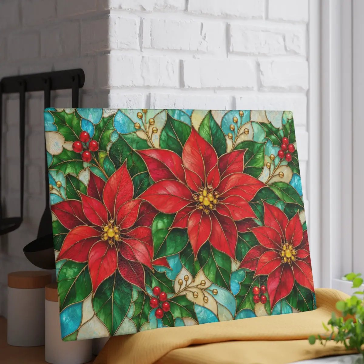 Christmas Poinsettia Glass Cutting Board, Holiday Holly Berry Kitchen Decor, Festive Red Floral Chopping Board, Seasonal Gift Idea