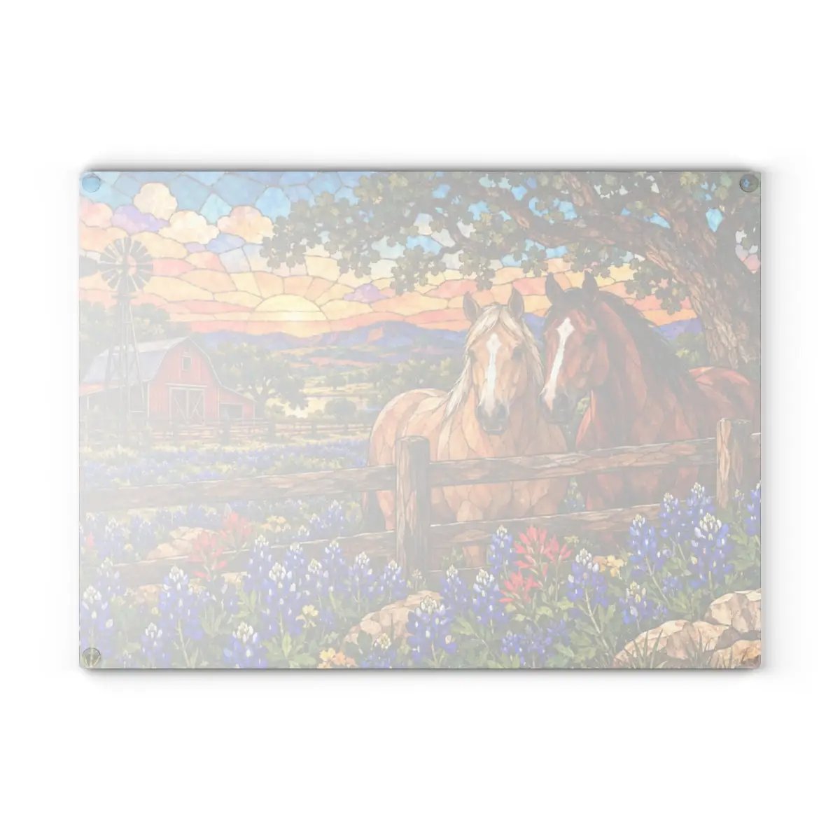 Bluebonnet Ranch Glass Cutting Board, Texas Horse Kitchen Decor, Bluebonnet Gift, Western Ranch Decor, Stained Glass Style Cutting Board