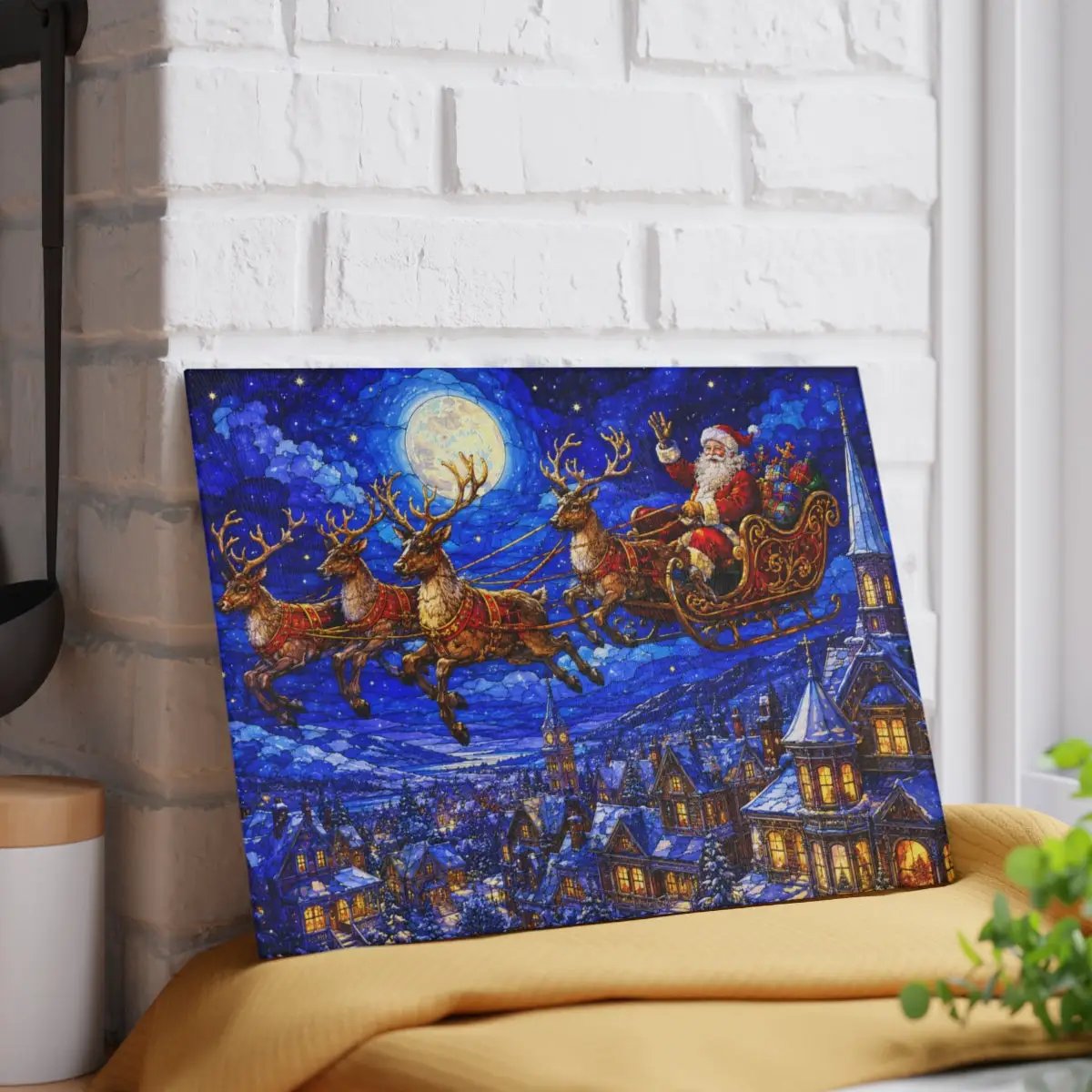 Santa Sleigh Glass Cutting Board, Reindeer Christmas Kitchen Decor, Christmas Eve Serving Board, Stained Glass Santa Gift, Holiday Decor