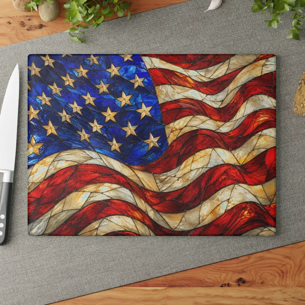 American Patriotic Flag Glass Cutting Board, Stained Glass Style USA Flag, Americana Kitchen Decor, Patriotic Gift