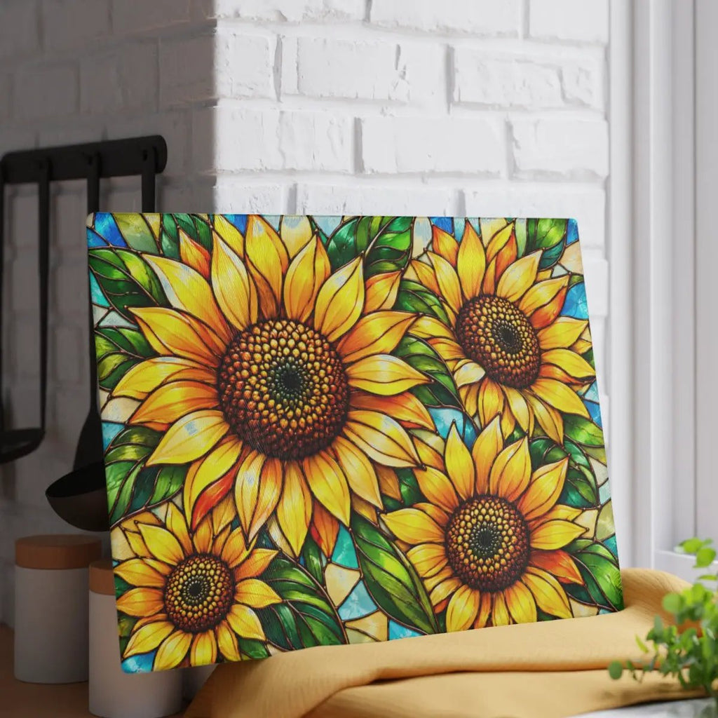 Sunflower Glass Cutting Board, Bold Floral Kitchen Decor, Stained Glass Sunflower Art, Yellow Flower Cutting Board, Sunflower Lover Gift