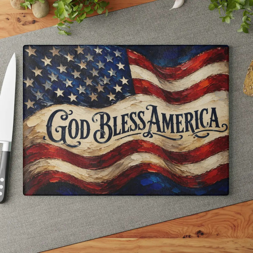 God Bless America Cutting Board, American Flag Glass Cutting Board, Patriotic Kitchen Decor, Christian USA Gift, Americana Home Decor