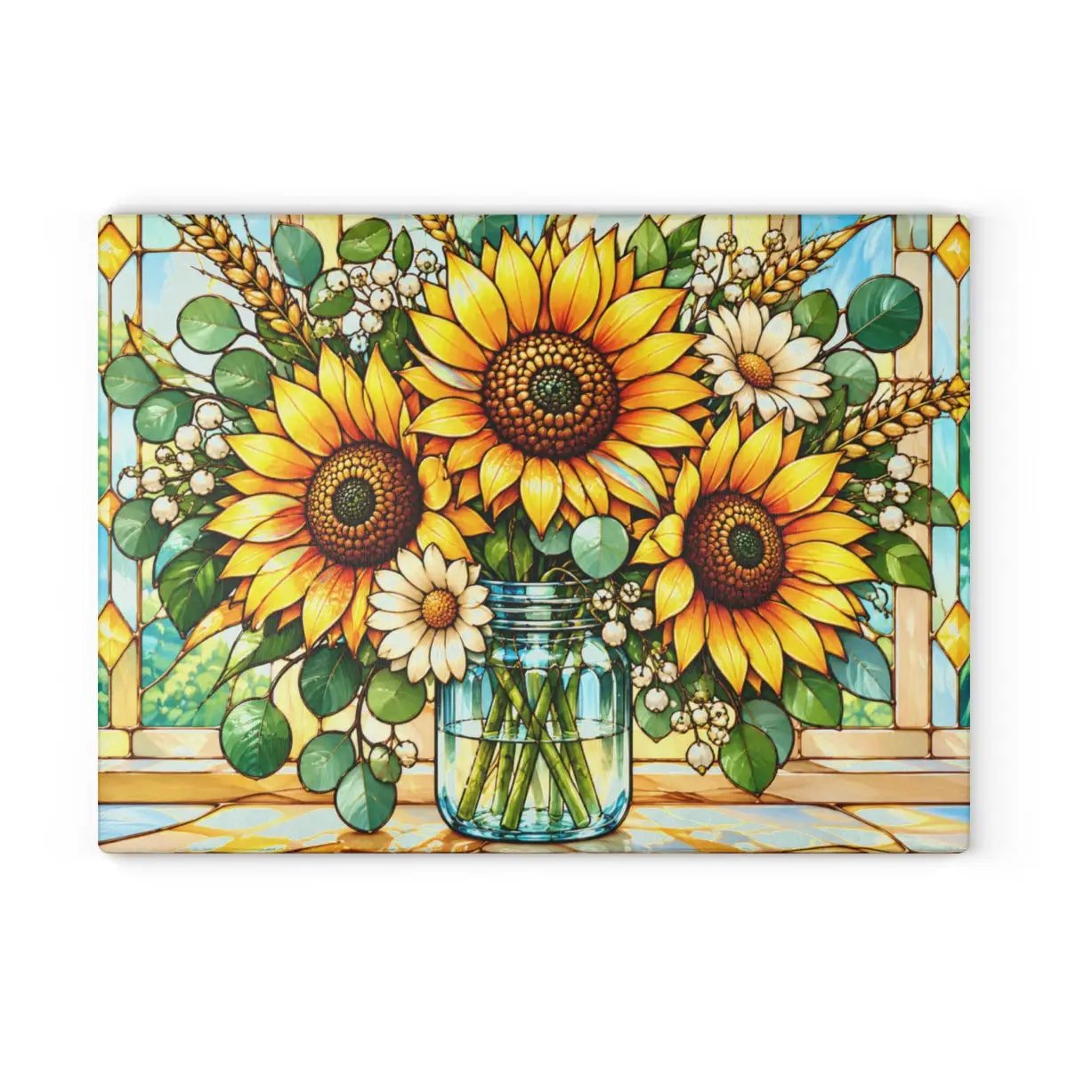 Sunflower Glass Cutting Board, Mason Jar Floral Kitchen Decor, Stained Glass Flower Board, Sunflower Gift for Mom, Cottage Kitchen Gift