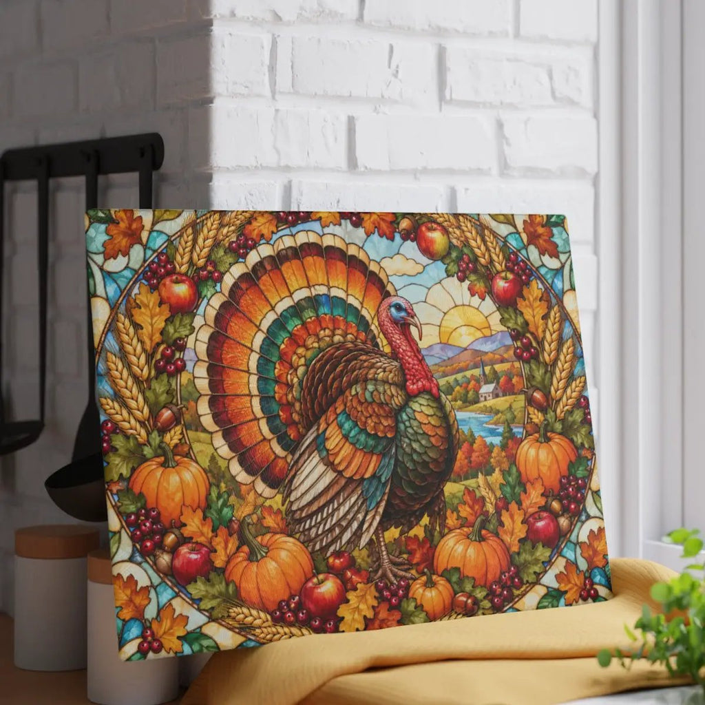 Thanksgiving Turkey Glass Cutting Board, Harvest Wreath Kitchen Decor, Stained Glass Fall Turkey, Pumpkin Apple Autumn Gift