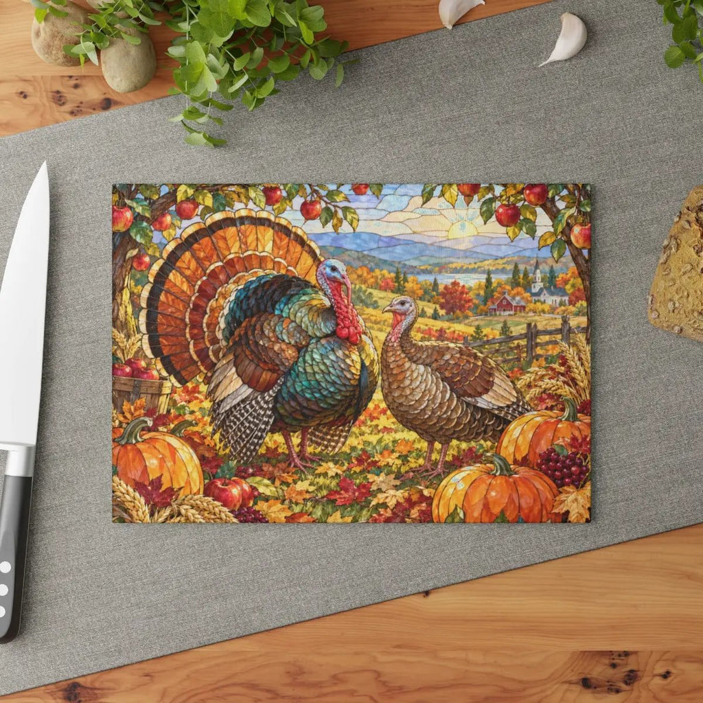 Thanksgiving Turkey Glass Cutting Board, Stained Glass Turkey Kitchen Decor, Fall Harvest Chopping Board, Thanksgiving Gift