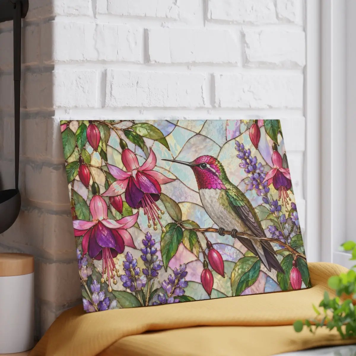 Hummingbird Cutting Board, Stained Glass Hummingbird Decor, Fuchsia Flower Kitchen Decor, Bird Lover Gift, Garden Lover Gift