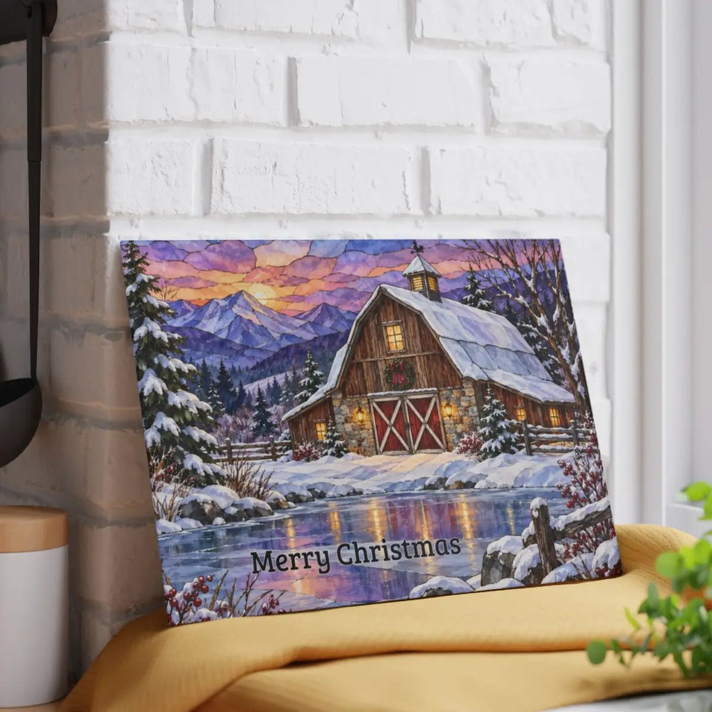 Evergreen Winter Barn Glass Cutting Board, Country Farmhouse Kitchen Decor, Snowy Mountain Barn Christmas Gift