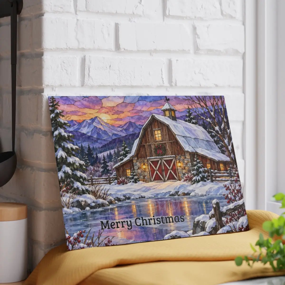 Evergreen Winter Barn Glass Cutting Board, Country Farmhouse Kitchen Decor, Snowy Mountain Barn Christmas Gift