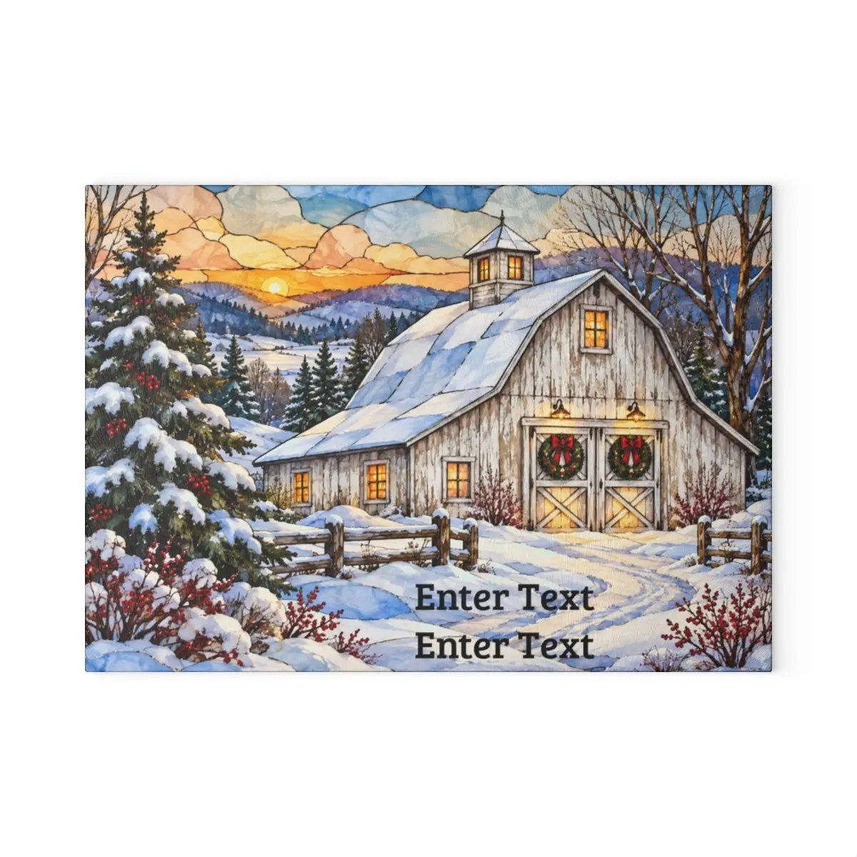 White Barn Glass Cutting Board, Christmas Farmhouse Decor, Winter Country Kitchen, Rustic Holiday Gift, Snowy Barn Christmas Decor