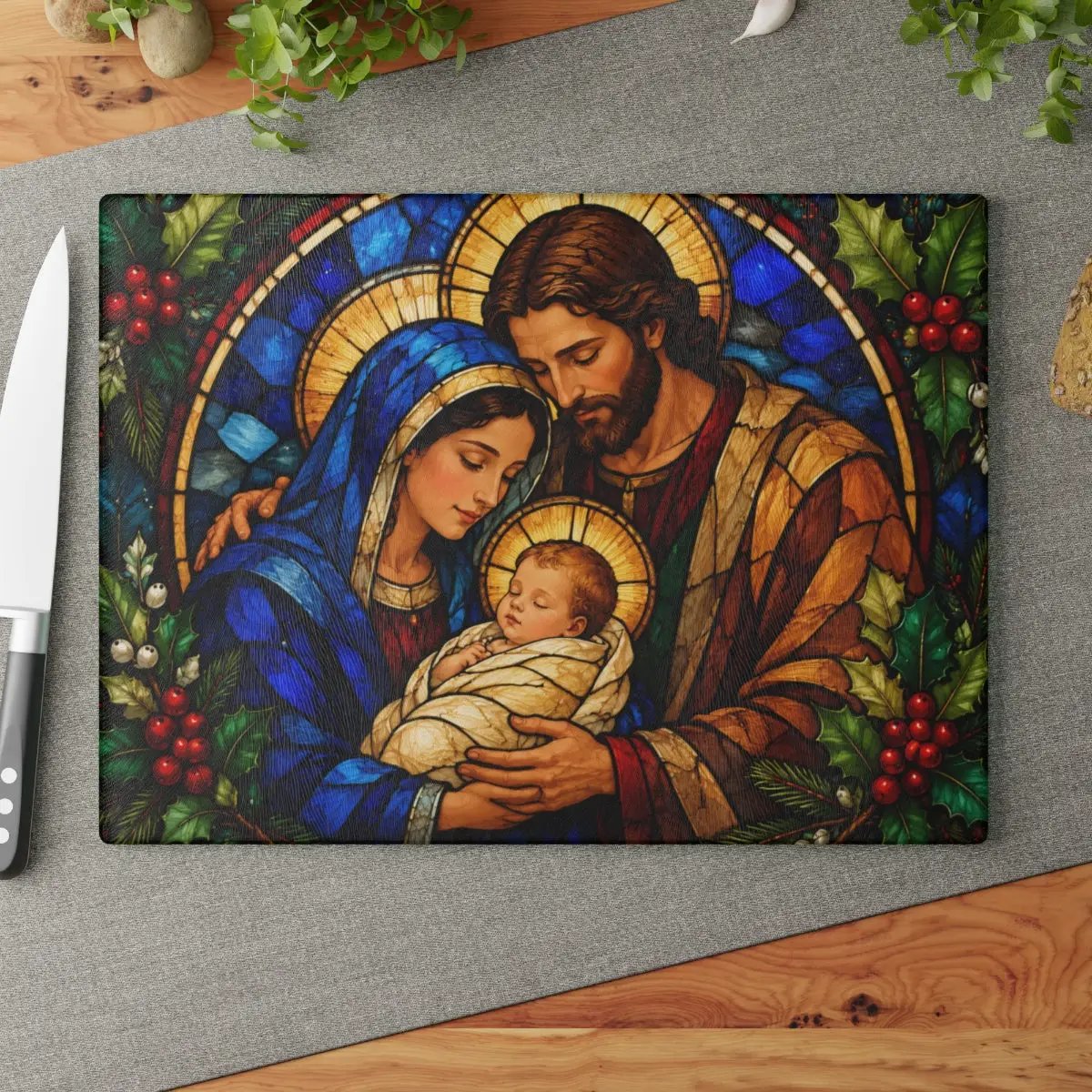 Holy Family Glass Cutting Board, Christian Christmas Gift, Nativity Kitchen Decor, Mary Joseph Baby Jesus, Religious Christmas Decor