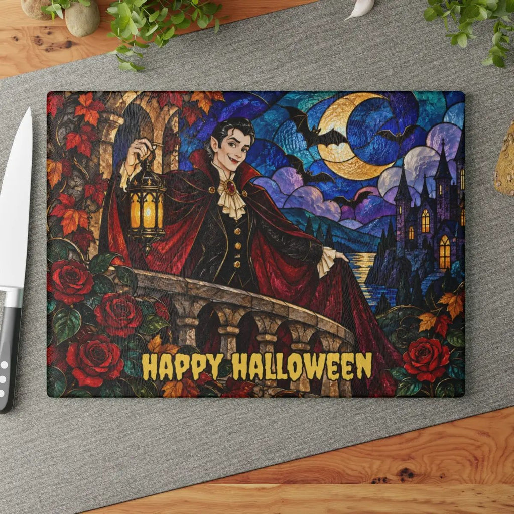 Halloween Dracula Personalized Glass Cutting Board, Spooky Vampire Kitchen Decor