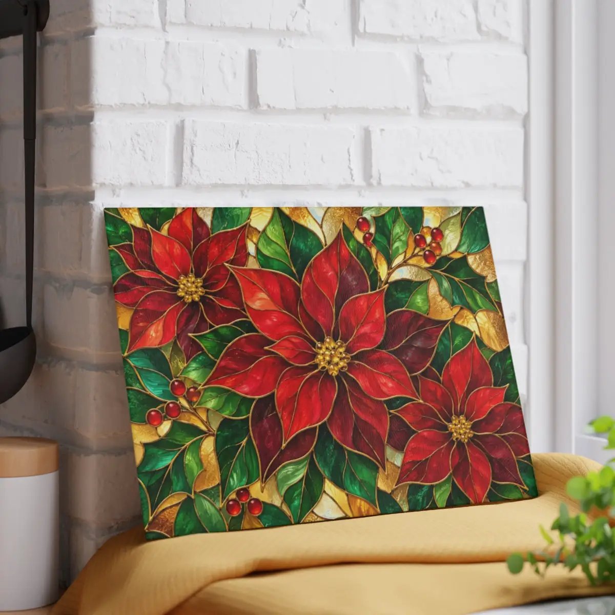 Christmas Poinsettia Glass Cutting Board, Holiday Kitchen Decor, Red Poinsettias and Holly, Festive Chopping Board, Seasonal Gift Idea