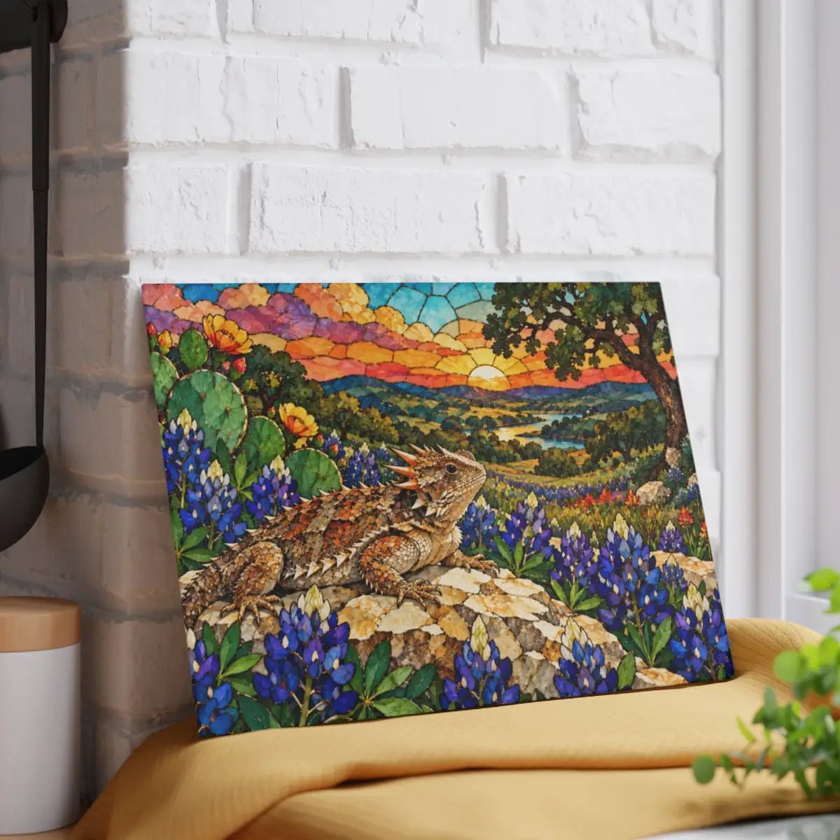 Texas Horned Lizard Glass Cutting Board, Bluebonnet Kitchen Decor, Texas Wildflower Cutting Board, Horny Toad Gift, Texas Housewarming Gift