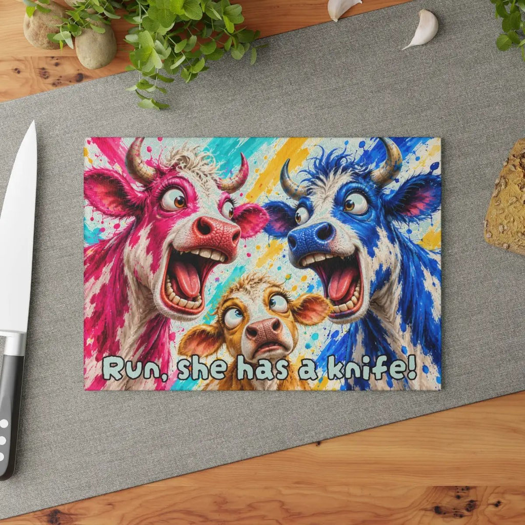 Funny Cow Family Cutting Board, Screaming Cow Kitchen Decor, Colorful Farmhouse Gift, Cow Lover Glass Cutting Board
