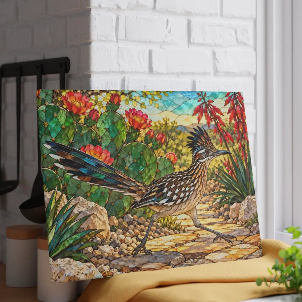 Roadrunner Glass Cutting Board, Desert Bird Kitchen Decor, Southwestern Cactus Chopping Board, Wildlife Lover Gift, Kitchen Counter Accent