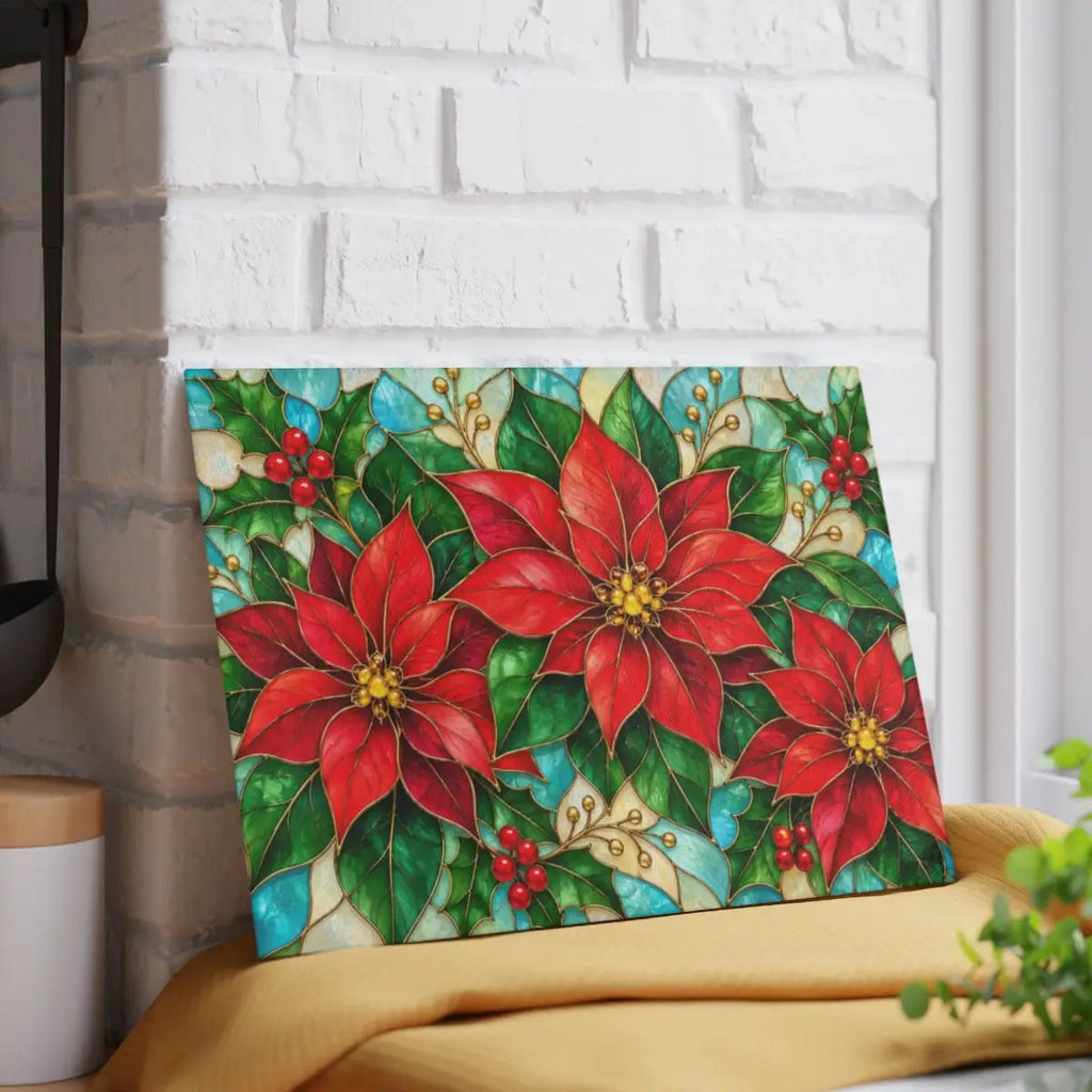 Christmas Poinsettia Glass Cutting Board, Holiday Holly Berry Kitchen Decor, Festive Red Floral Chopping Board, Seasonal Gift Idea