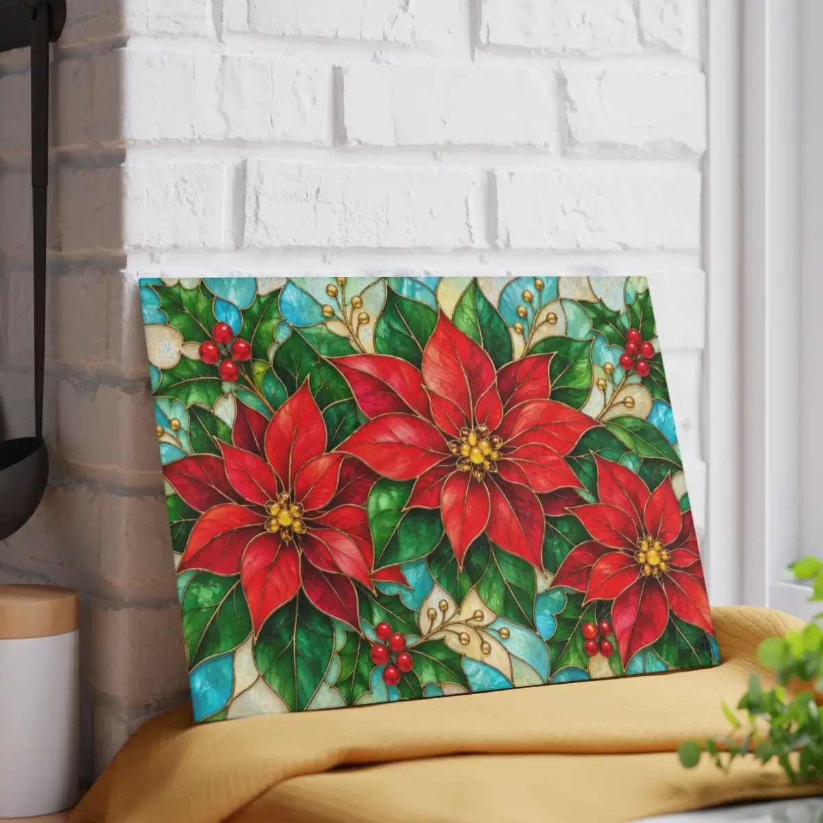 Christmas Poinsettia Glass Cutting Board, Holiday Holly Berry Kitchen Decor, Festive Red Floral Chopping Board, Seasonal Gift Idea