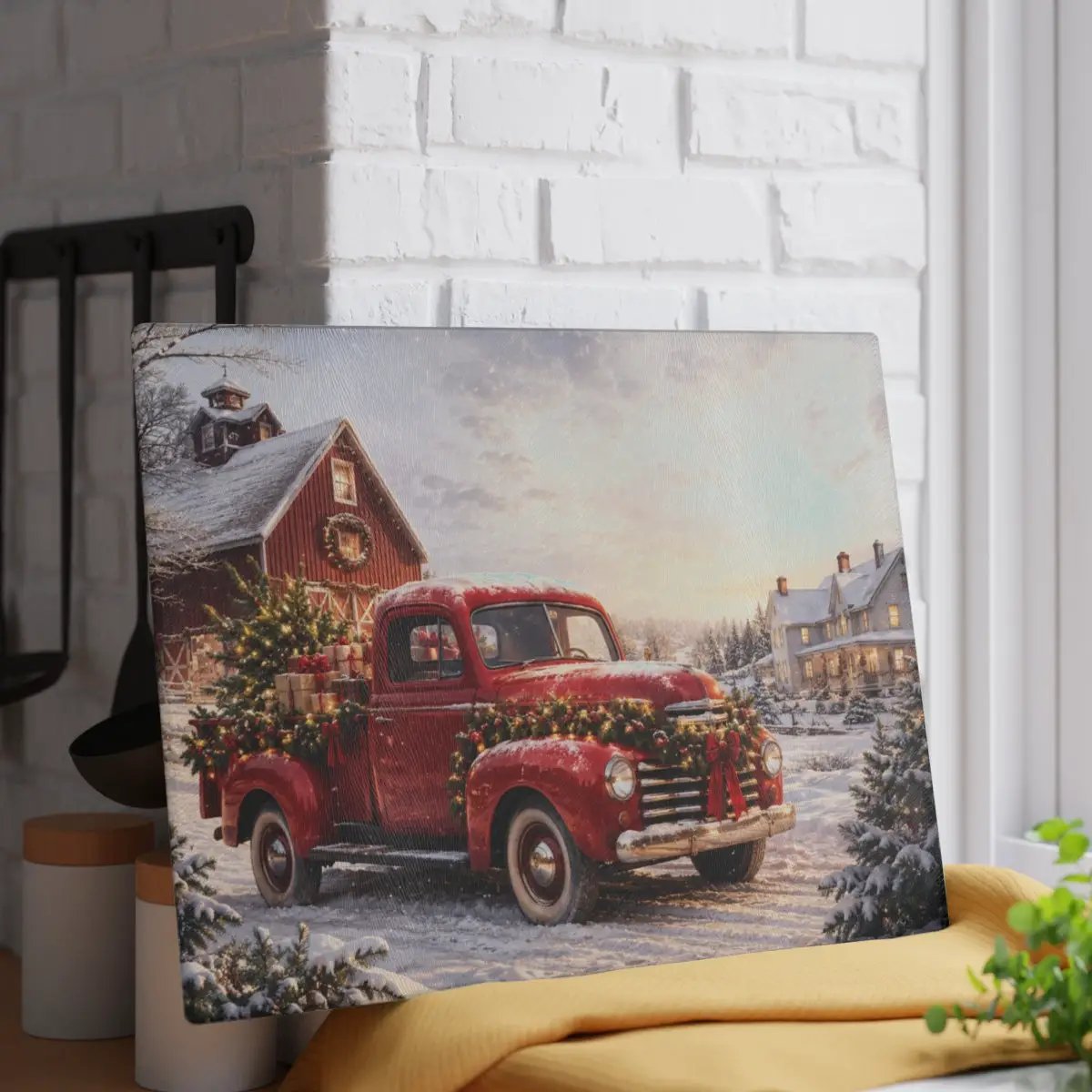 Christmas Glass Cutting Board, Red Vintage Truck Christmas Decor, Snowy Farmhouse Kitchen Decor, Rustic Holiday Gift