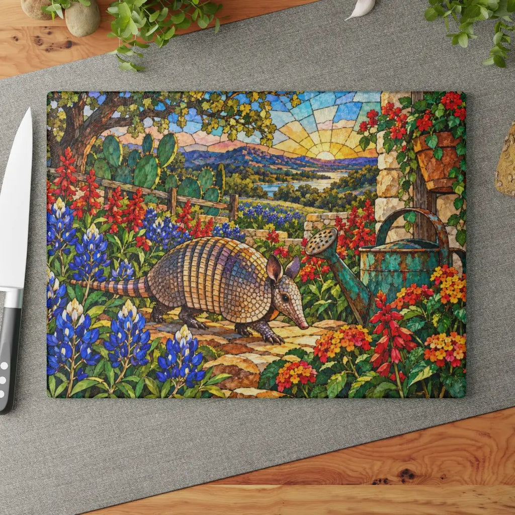 Texas Armadillo Glass Cutting Board, Stained Glass Bluebonnet Kitchen Decor, Colorful Lone Star State Gift